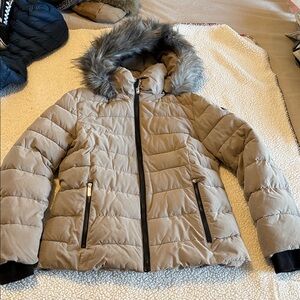 DKNY Beige Puffer Jacket with Faux Fur Trim
